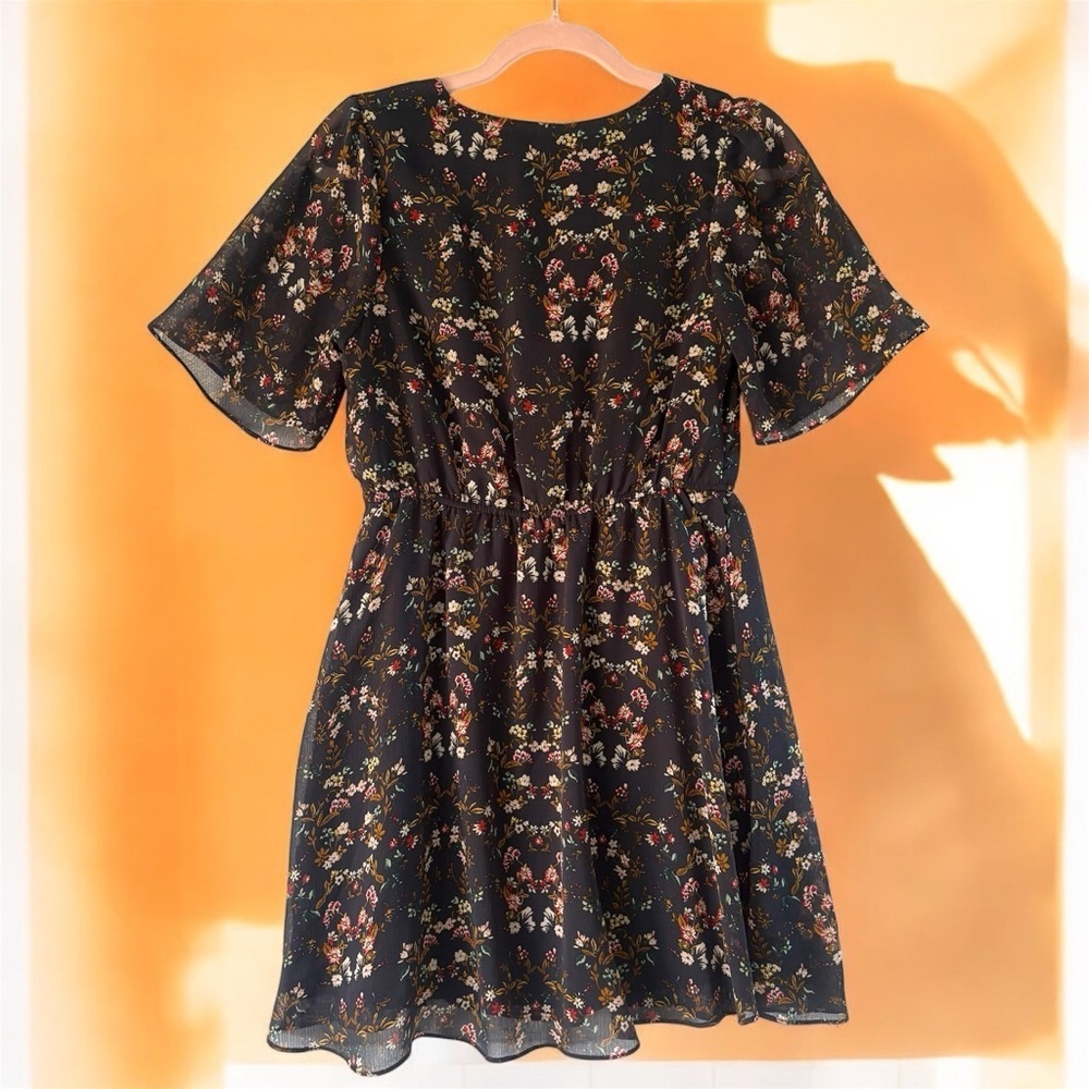 Blu Pepper Small A-Line Sheer Black Floral V-Neck Dress Short Flutter Sleeves - Picture 2 of 9